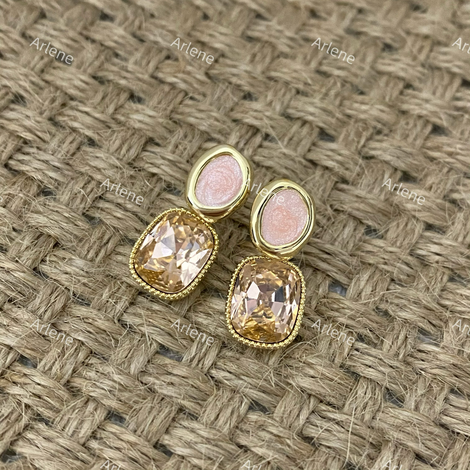 粉色银水晶春夏方形耳环女2024春款撞色耳饰简约精致百搭耳坠