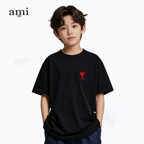 官方Ami srtp儿童藏青色纯棉短袖t恤2026夏新款宽松体恤运动上衣