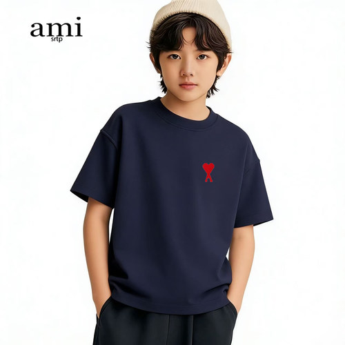 官方Ami srtp儿童藏青色纯棉短袖t恤2026夏新款宽松体恤运动上衣