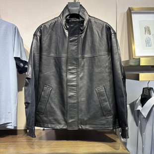 B1BDE4F04鸟家秋季 黑色宽松可翻立领休闲绵羊皮真皮皮衣外套 新款