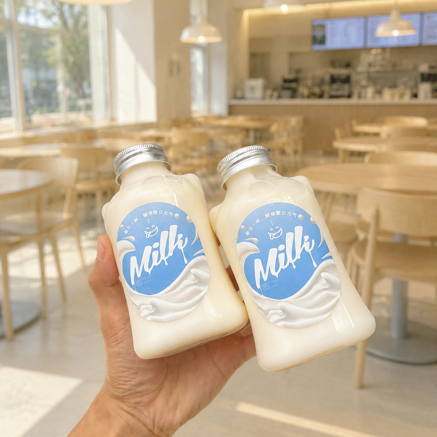 网红爆款ins冰牛奶瓶高颜值透明PET一次性塑料瓶外卖瓶蓝色饮料瓶