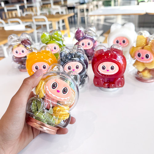 奶茶杯水果杯labubu果切包装透明塑料卡通果汁瓶500毫升拉布布瓶