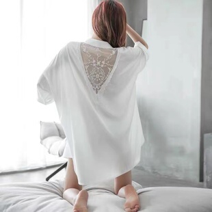 长款夏季新款性感睡衣女男友风衬衫睡裙冰丝纯欲春天薄款家居服