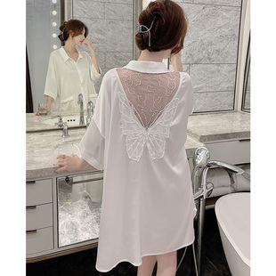 2025年新款睡衣女春夏季冰丝性感蕾丝柔纱男友风夏天衬衫蝴蝶睡裙