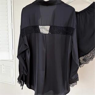 性感冰丝睡衣女款春夏款纯欲蕾丝白色衬衫长袖冰丝家居服睡裙套装