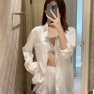 长袖睡衣女高级感春秋冰丝绸两件套装性感蕾丝花边家居服薄款夏天