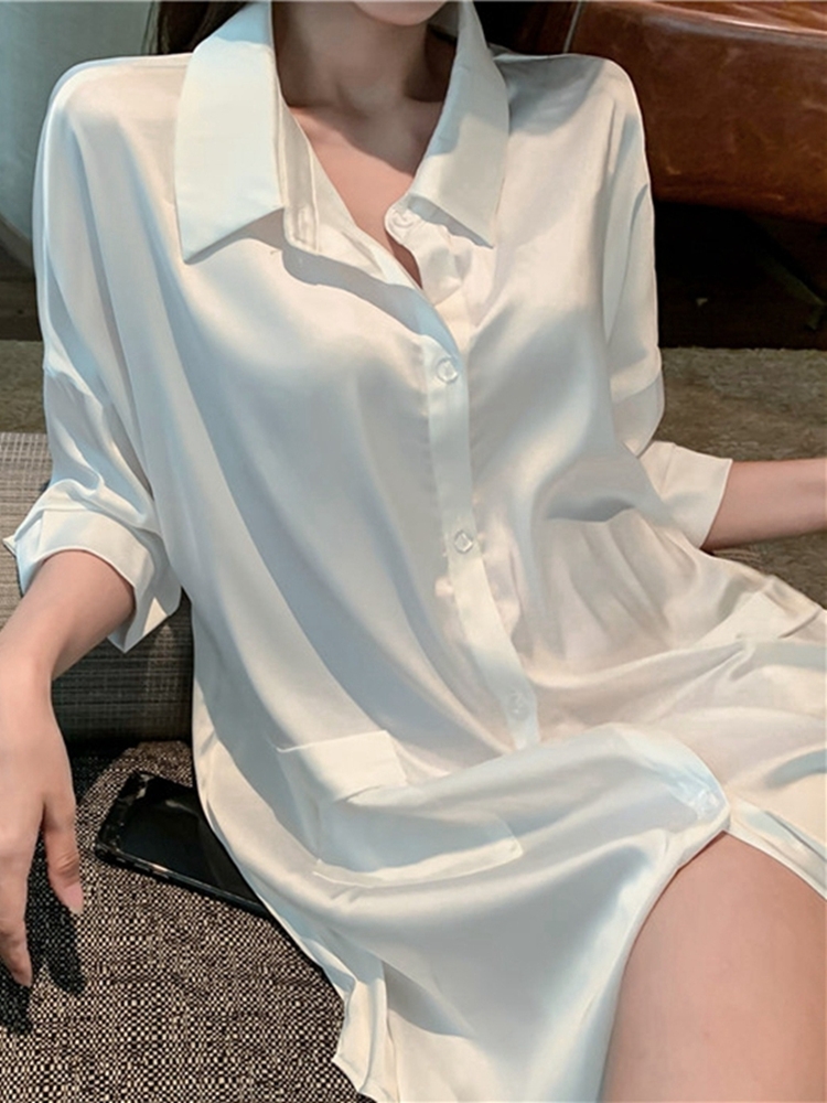冰丝睡衣女春秋新款性感男友风白衬衫睡裙夏季薄款雪纺可外穿衬衣