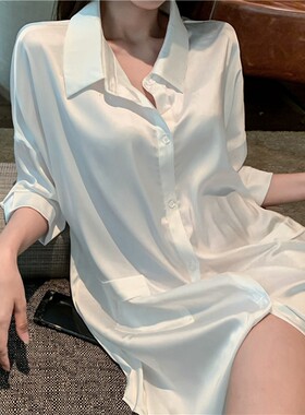 冰丝睡衣女性感男友风白衬衫睡裙