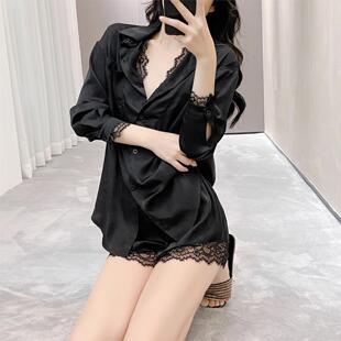 性感冰丝睡衣女纯欲风蕾丝长袖宽松黑白衬衫短裤新款两件套家居服