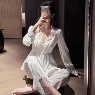 高端奢华气质蕾丝花边冰丝睡衣春秋长袖长裤新款家居服套装可外穿