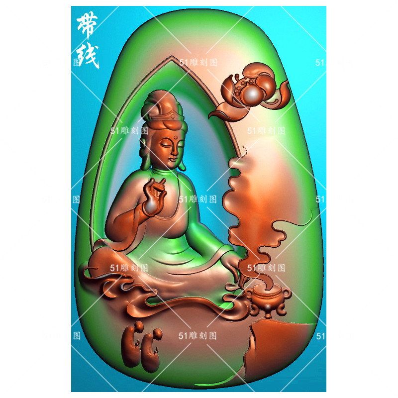 精雕图jdp灰度图bmp木雕gya-315玉雕椭圆莲花香炉悟道坐观音挂件
