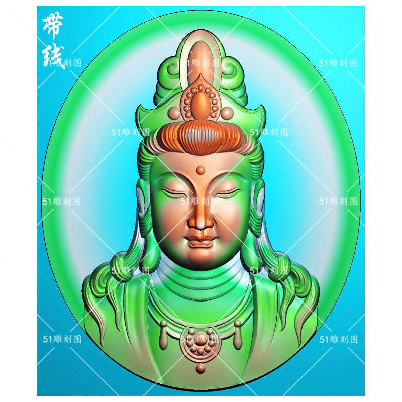 精雕图jdp灰度bmp浮雕木雕gyb-399玉雕椭圆凹底正脸观音头像挂件