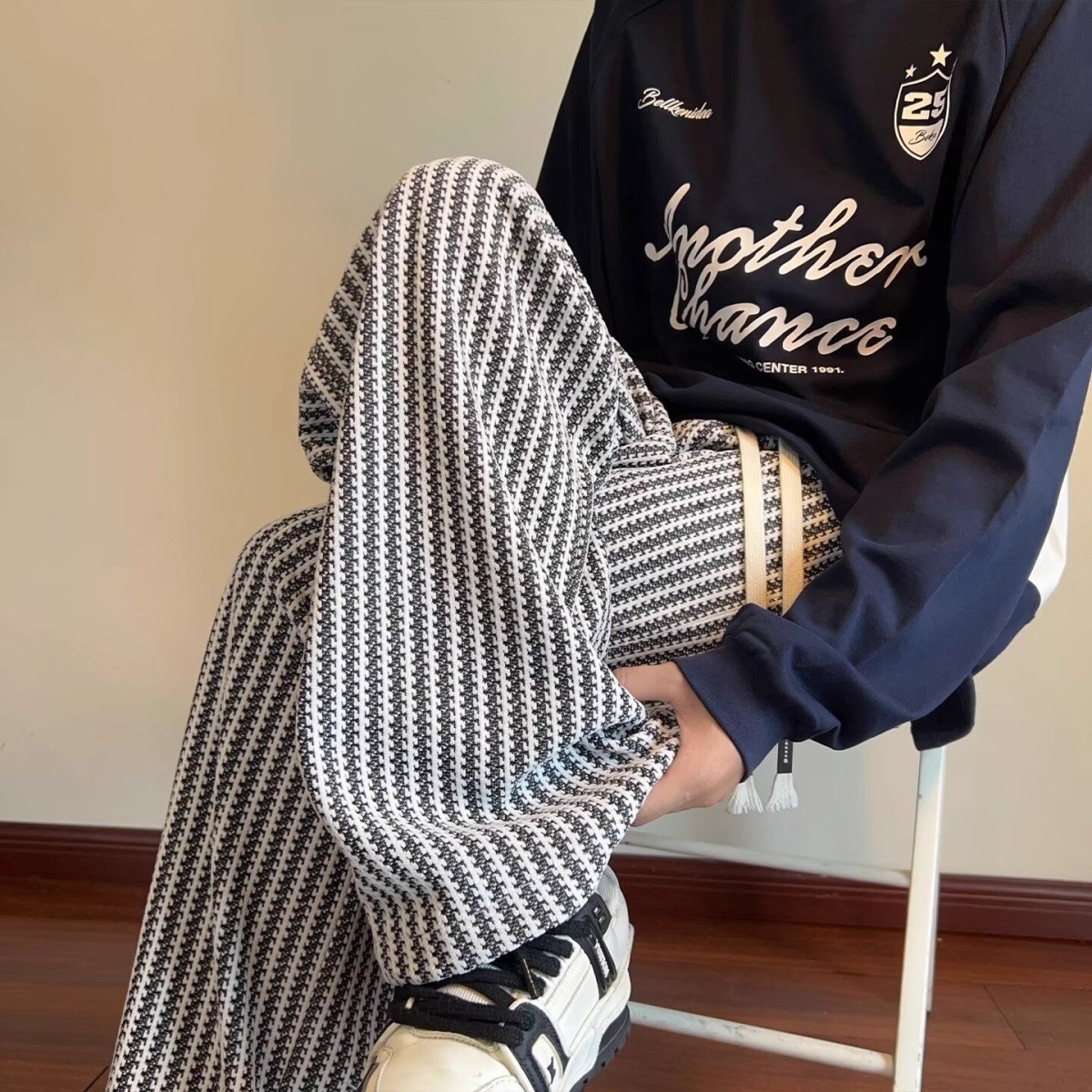 直筒裤松紧条纹直筒宽松休闲裤