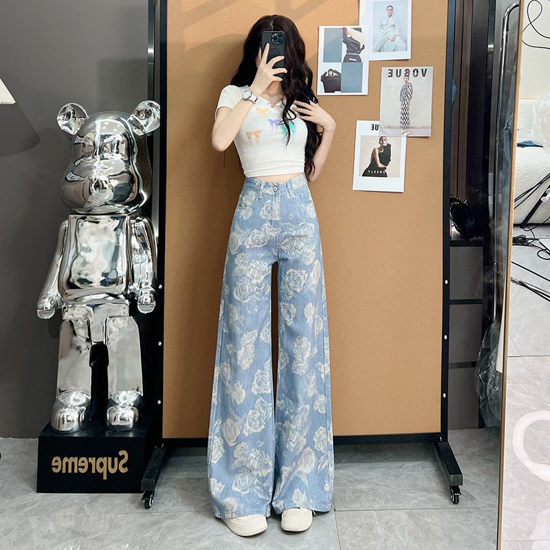 花色阔腿牛仔裤女2026年新款春秋