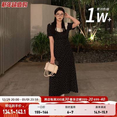 李潇洒大码黑色碎花连衣裙女夏季2024新款微胖mm法式长裙显瘦裙子