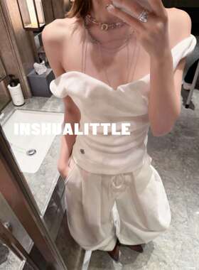 新款刺绣拼色一字肩上衣女士