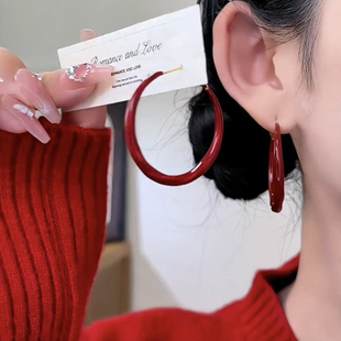 复古港风酒红色滴釉大耳圈耳环女时尚高级感耳钉轻奢显脸瘦耳饰潮