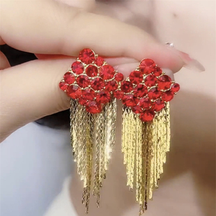 高级感气质中国红水晶菱形流苏耳环女时尚百搭大气轻奢显脸瘦耳饰