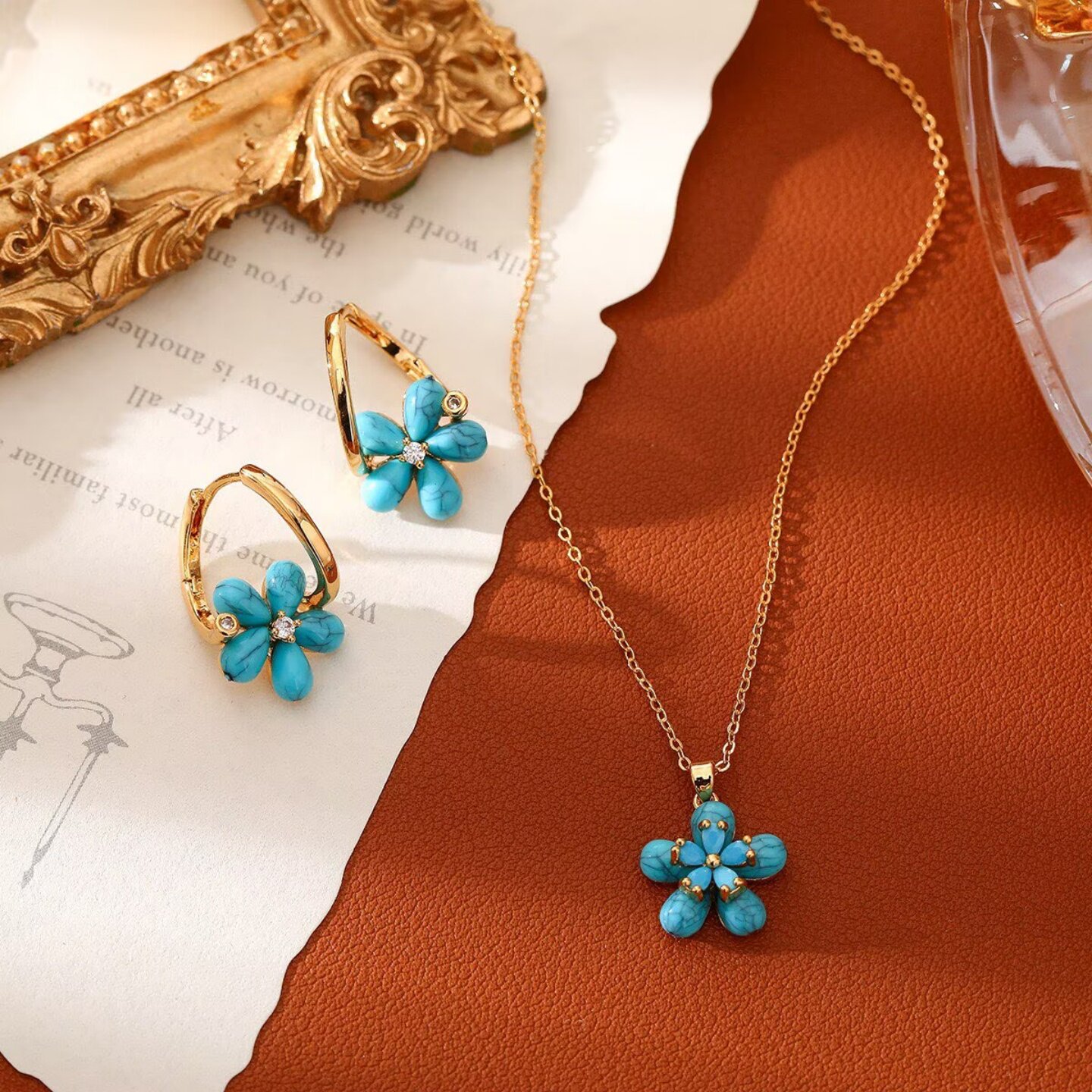 蓝色花朵钛钢项链耳环套装女