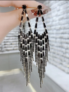 轻奢高级感黑色锆石长款流苏耳环女奢华气质网红爆款显脸瘦耳饰潮