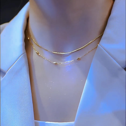 钛钢不掉色双层叠戴小金豆项链女