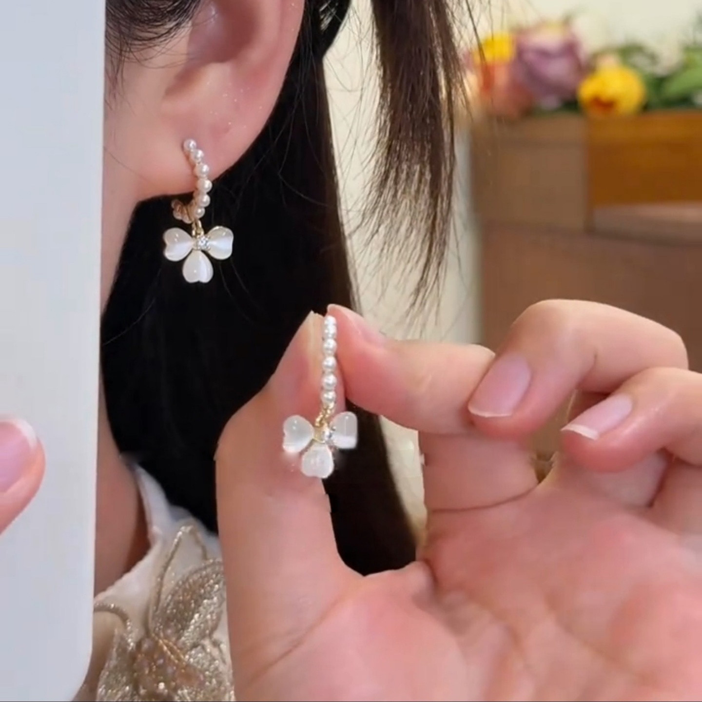 超仙猫眼石三瓣花珠珠耳钉