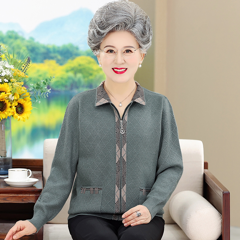 秋冬妈妈装加绒毛衣开衫女加肥加大码外套中老年人拉链羊毛衫口袋