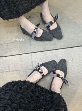 方头呢子灰色粗跟单鞋女冬季款法式气质加绒晚晚高跟玛丽珍毛毛鞋