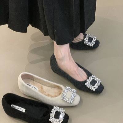 秋冬增高气质毛毛加绒新款2025法式方头浅口单鞋水钻通勤瓢鞋