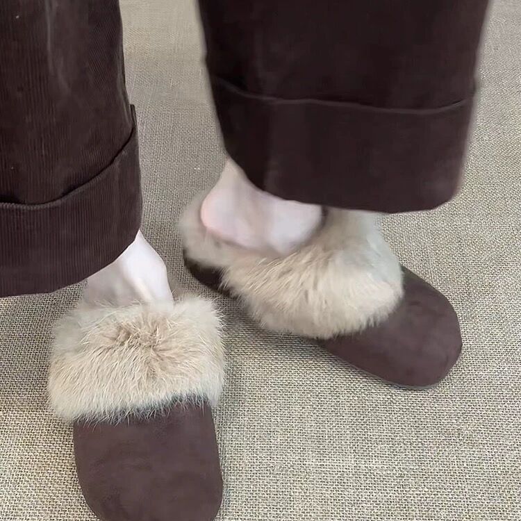 法式加绒包头半拖鞋女外穿2025冬季新款爆款毛毛勃肯棉拖雪地靴