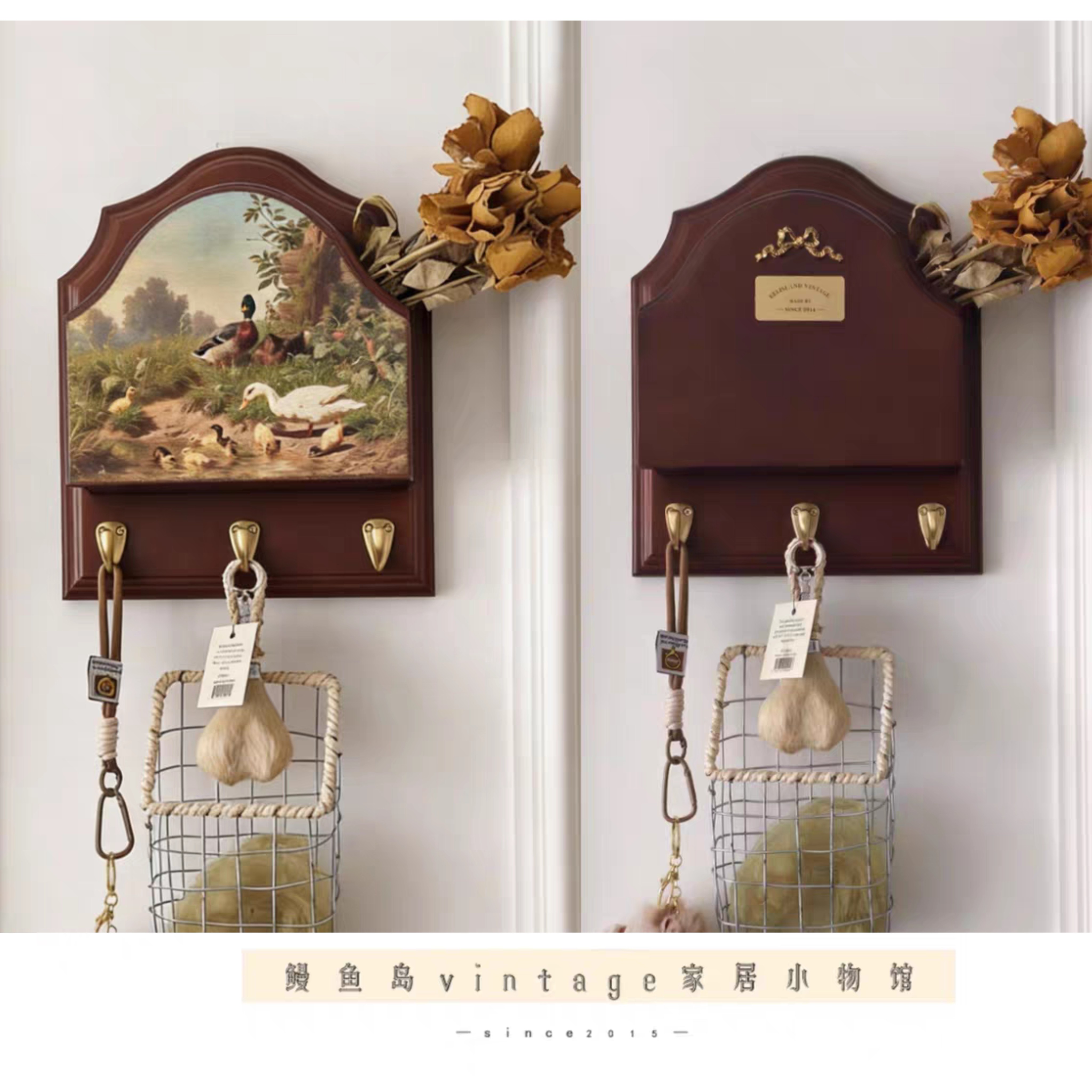 原创法式中古风实木收纳盒门厅钥匙挂钩小众挂件壁柜氛围墙挂件