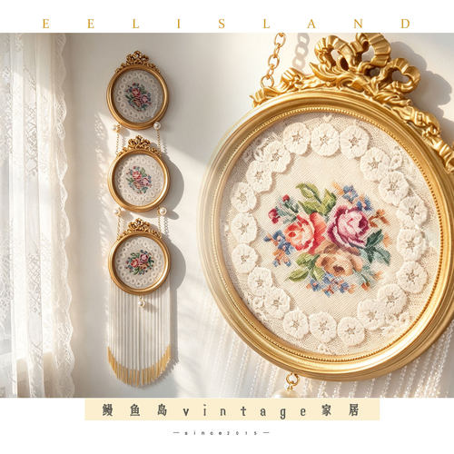 中古法式手绣蝴蝶结三联挂画