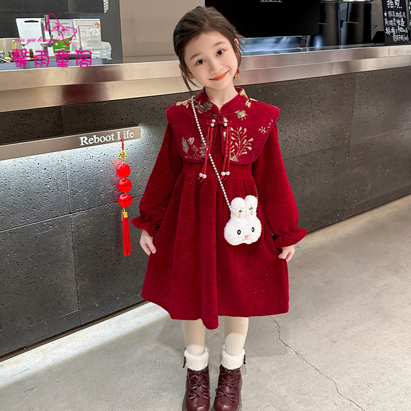 新中式汉服女童加绒连衣裙拜年服