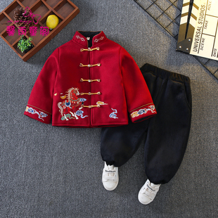 新中式唐装拜年服男童冬装加厚套装儿童国风过年衣服男孩新年礼服
