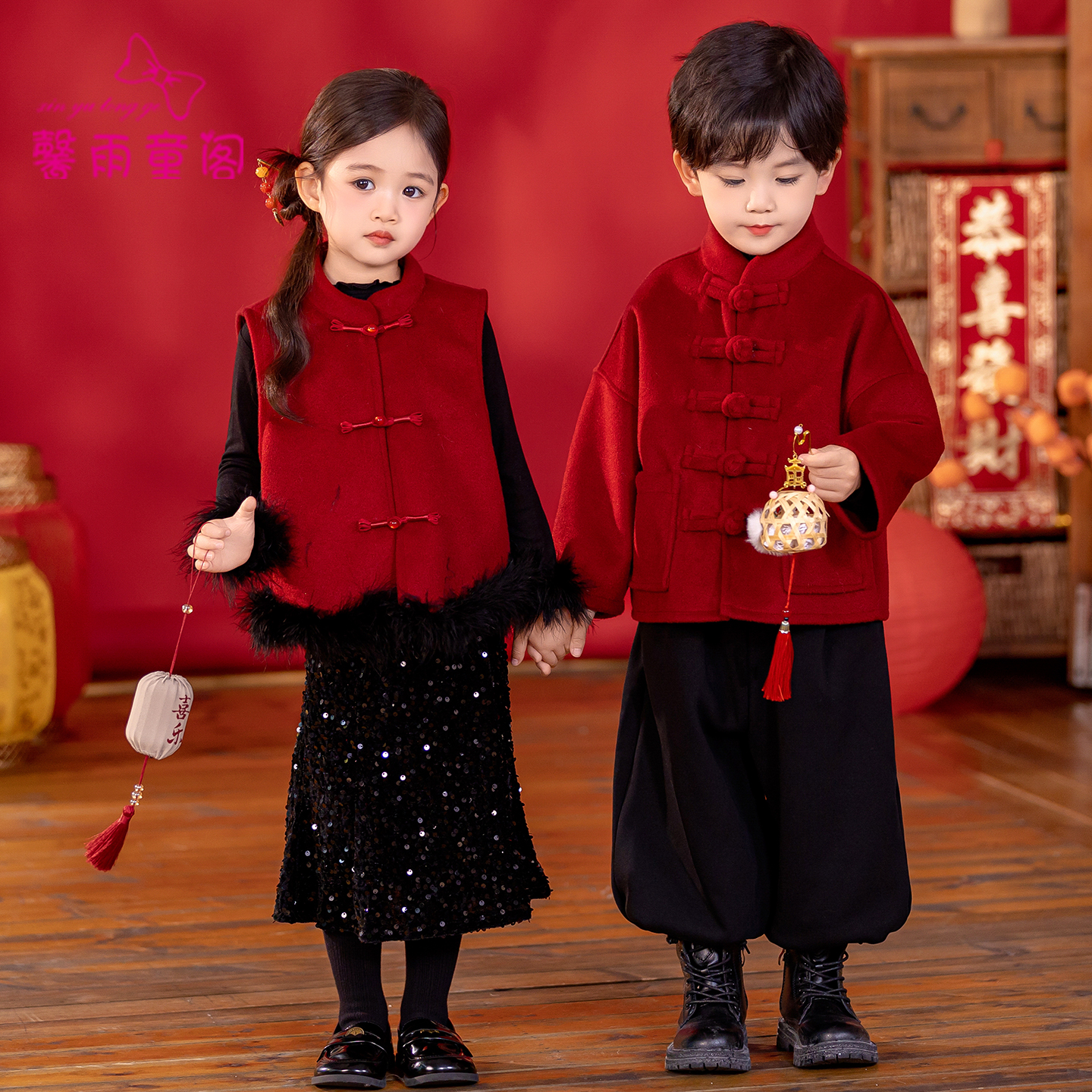 新中式男女童唐装红色套装中国风