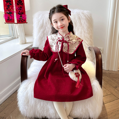 新中式汉服女童加绒连衣裙拜年服