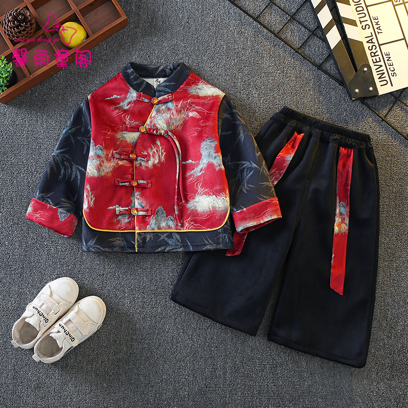 秋冬汉服男童国风加绒套装拜年服