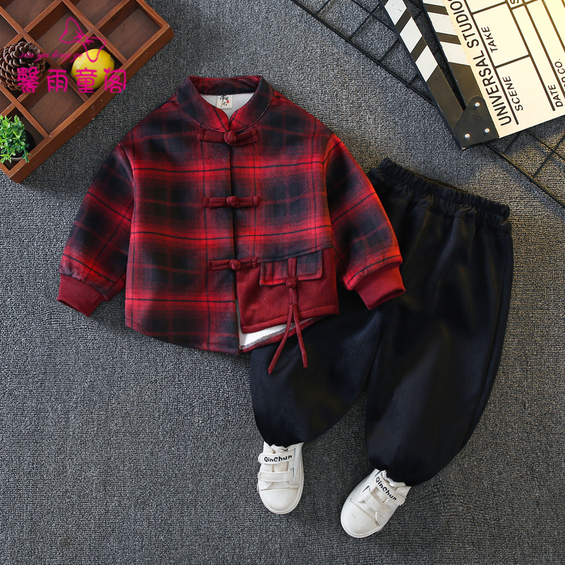 新中式男童国风加绒套装新年衣服