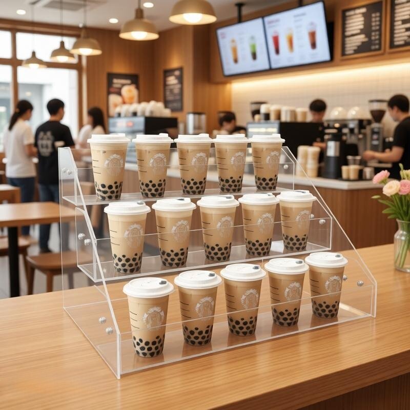 奶茶店饮品展示架冷饮鲜榨果汁架透明杯纸杯架吧台冰镇饮料陈列架