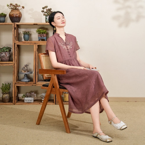 布符年夏季紫绛纱开口领刺绣连衣裙国风艺术显瘦垂感飘逸女装
