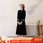 长袖 布符2026年春新款 原创设计黑丝绒双扣水滴领修身 旗袍连衣裙