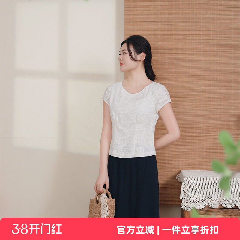 布符原创夏季新款刺绣休闲时尚中式圆领T恤短袖丝棉上衣女