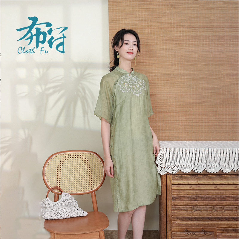 布符夏款旗袍中式敦煌刺绣插肩袖改良日常轻款气质女士