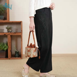 日常舒适休闲裤 布符新中式 新品 」2026年春季 「黑色针织附花边长裤