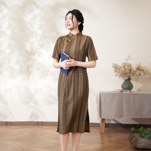 布符年夏季新款女士彩绿条纹花扣旗袍手工花扣改良中式国风