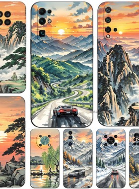 磨砂软手机壳适用荣耀40030020010050607080GT90 X706050X40X10X20X30Pro+2020S畅玩40Plus 国风水墨汽车风景