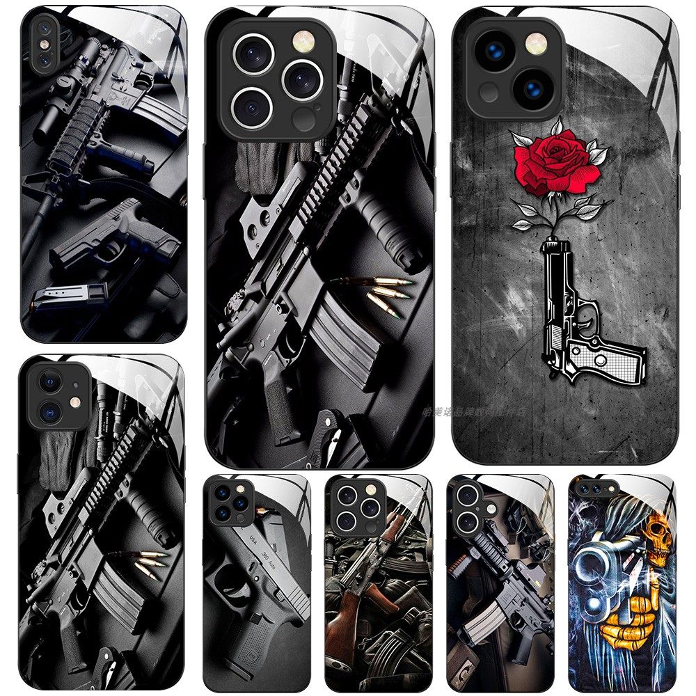 玻璃手机壳适用苹果iPhone 17 16 15 14 Pro Max 13 Pro XS XR X 12 11 枪男人玫瑰