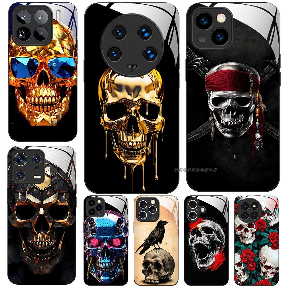 玻璃手机壳适用小米15 14 13 11 12 12X 12S 13 PRO ULTRA 海盗骷髅中指