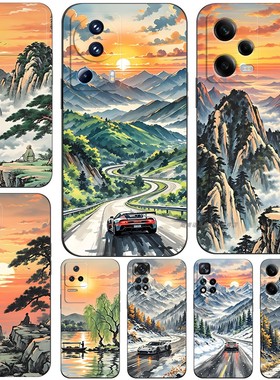 磨砂软手机壳适用红米NOTE1413K80K70K50K6012turbo11PROPLUS+至尊K40K30iUltra5G 国风水墨汽车风景