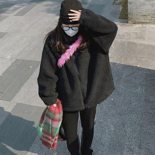 美式复古羊羔毛卫衣女2024冬季新款bf慵懒风加绒加厚开衫保暖外套